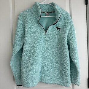Victoria's Secret Pink Oversized Fleece Jacket Sweater XS Teal Blue 1/4 Zip-Up